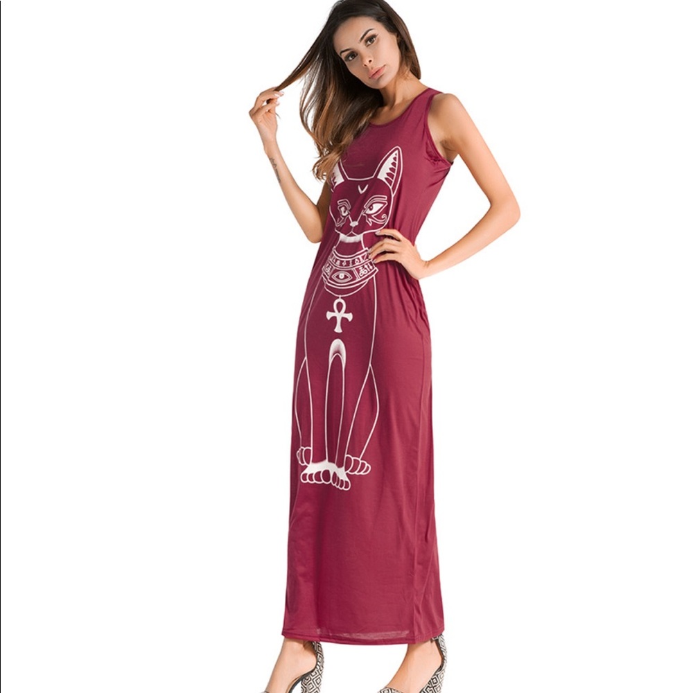 Mystical Sphinx Burgundy Red Maxi Dress